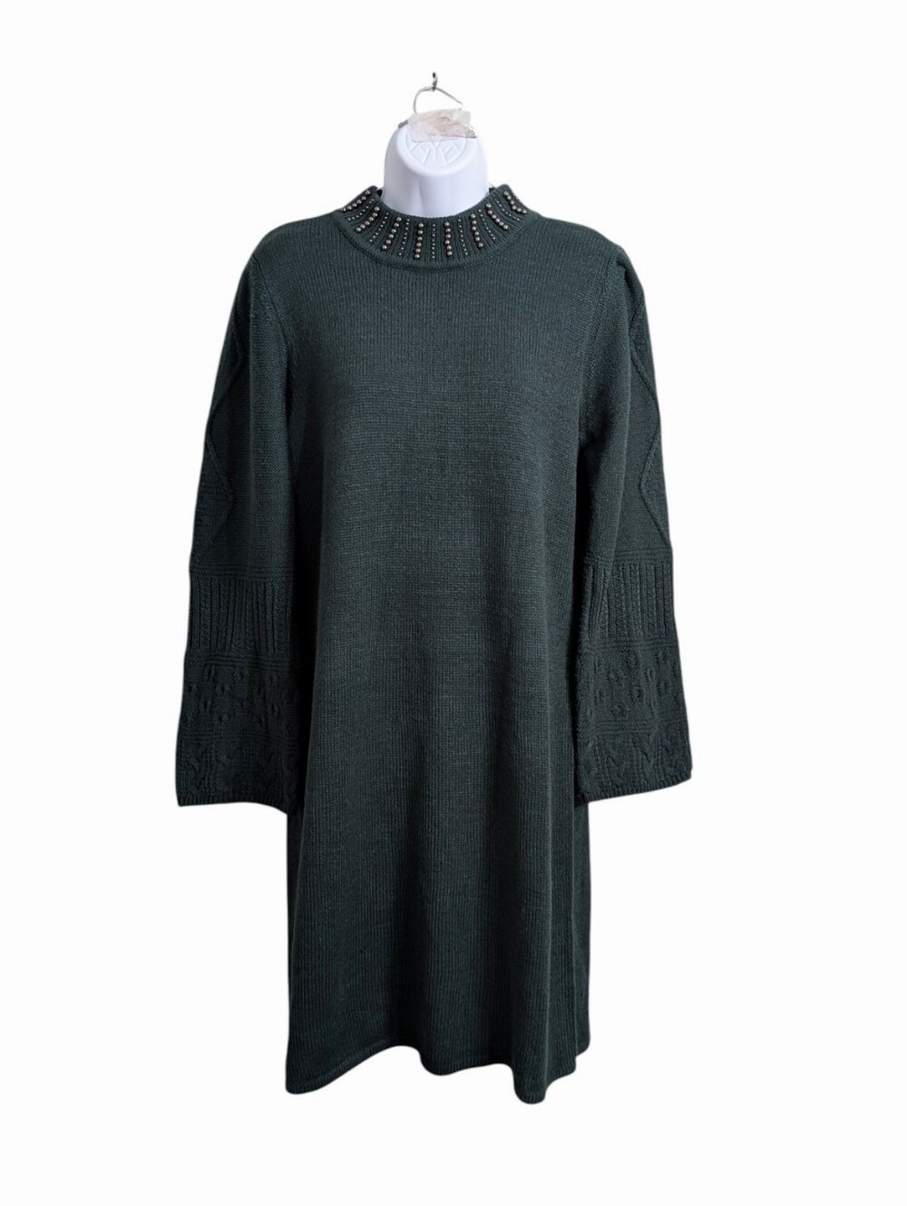 Karl Lagerfeld Dark Green Knit Sweater Dress Size L Beaded Mock Neck Holidays